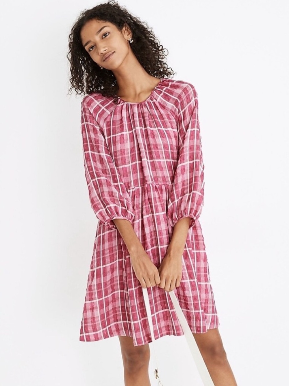 Madewell Plaid Shirred Babydoll Mini Dress